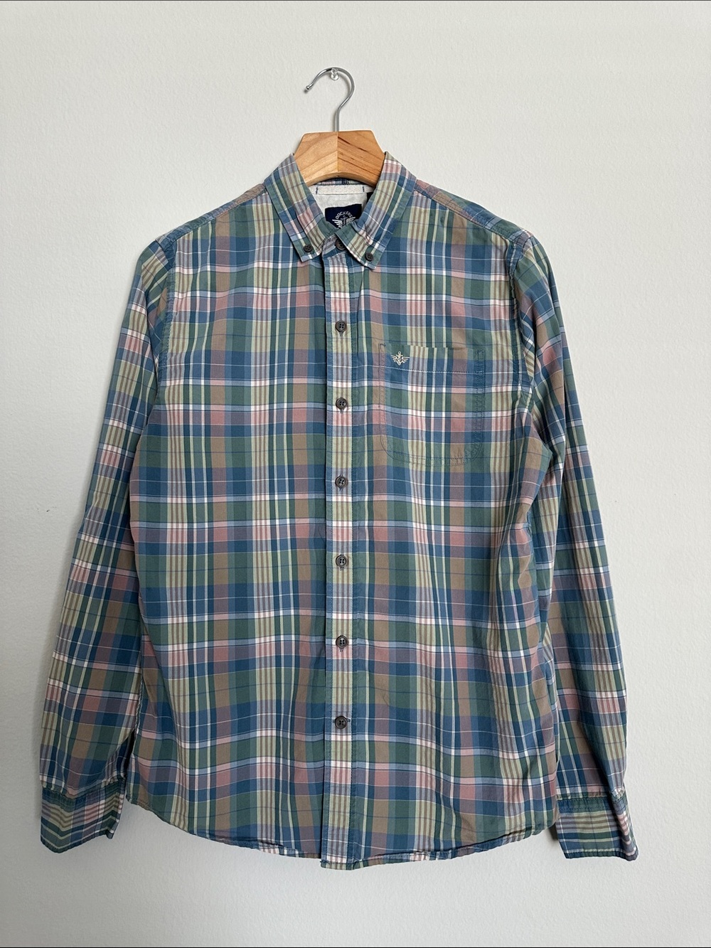 Dockers Men's Long-Sleeve Plaid Button-Down Shirt in Blue, Green, and Pink